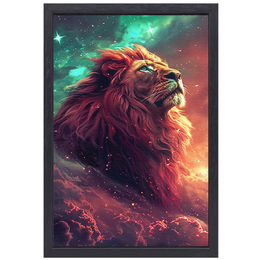 Magische leeuw onder een sterrenhemel canvas met baklijst