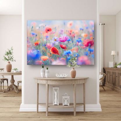 Veld vol met kleurrijke bloemen en natuur poster