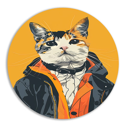 Coole Kat in Kleurrijk Regenjas aluminium muurcirkel