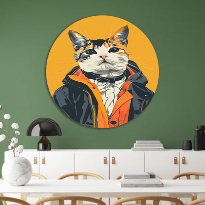 Coole Kat in Kleurrijk Regenjas aluminium muurcirkel