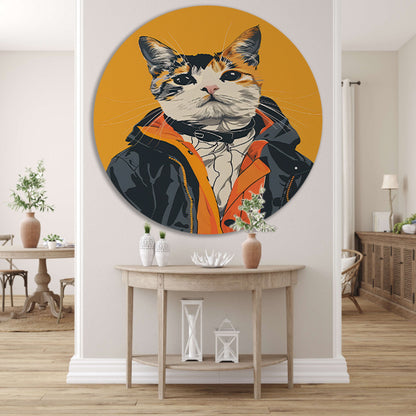 Coole Kat in Kleurrijk Regenjas aluminium muurcirkel