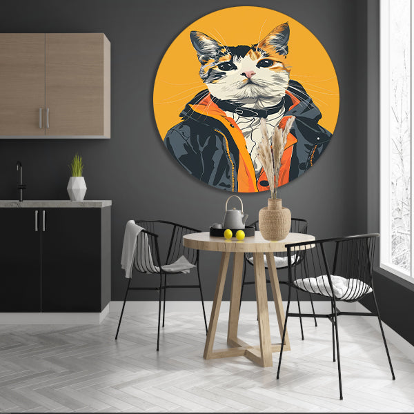 Coole Kat in Kleurrijk Regenjas aluminium muurcirkel