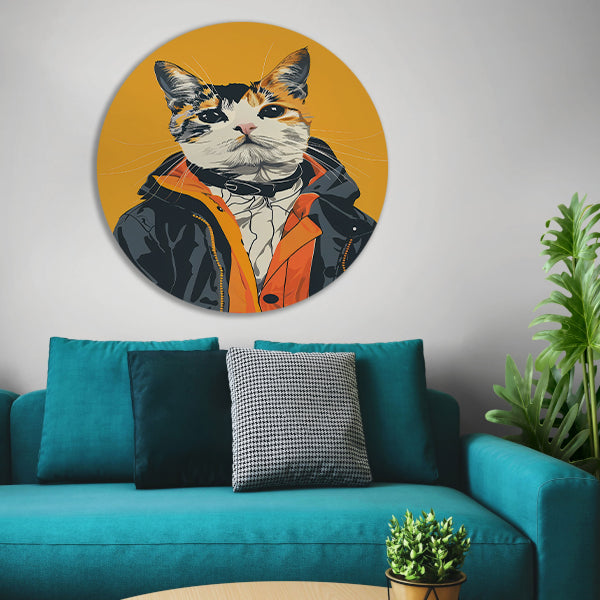 Coole Kat in Kleurrijk Regenjas aluminium muurcirkel