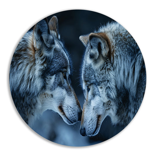 Twee wolven in een donkere omgeving aluminium muurcirkel
