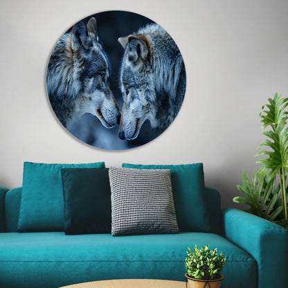 Twee wolven in een donkere omgeving aluminium muurcirkel