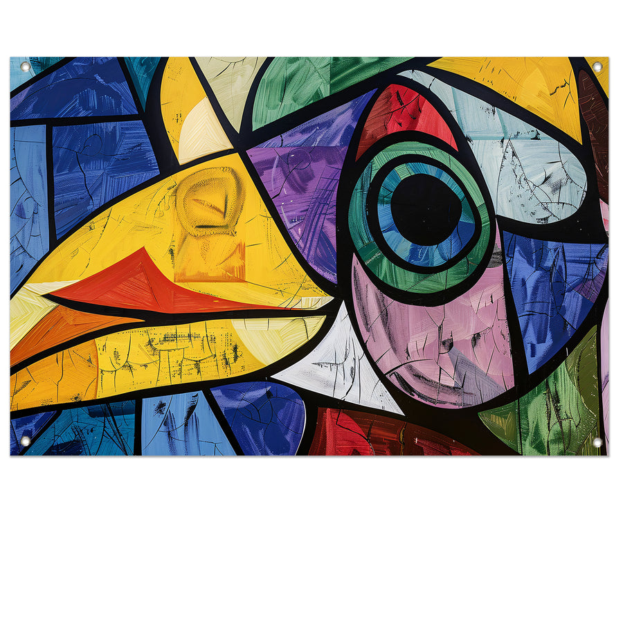 Abstracte kleurrijke vogel met geometrische vormen tuinposter