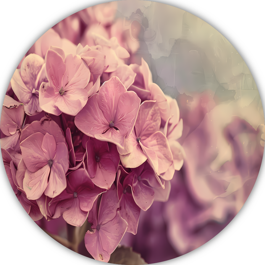 Hortensias in Zacht Roze aluminium muurcirkel