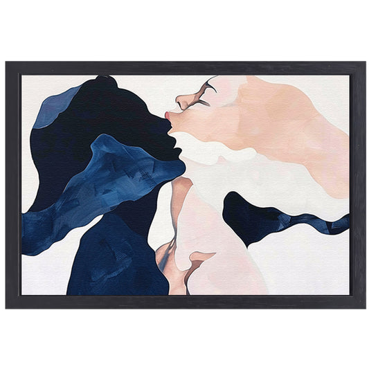 Abstract schilderij van kussende gezichten canvas met baklijst
