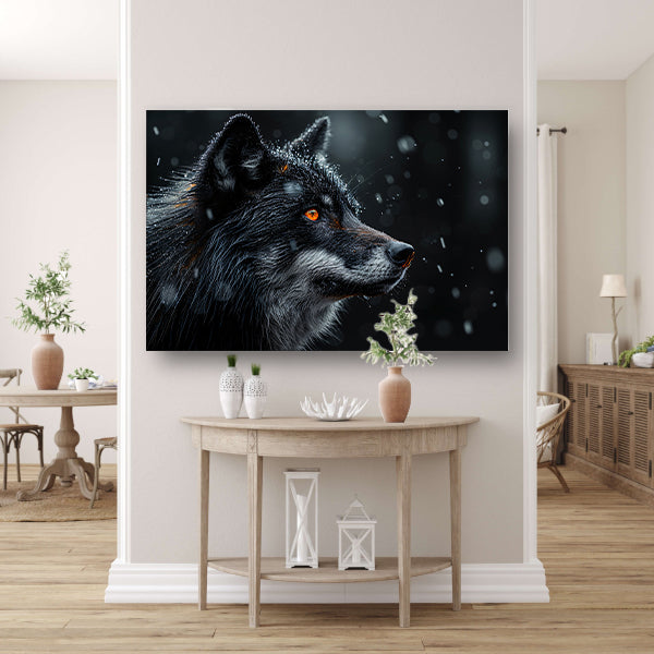 Intense wolvenblik in de sneeuw canvas met baklijst