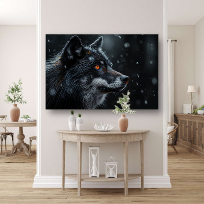 Intense wolvenblik in de sneeuw canvas met baklijst