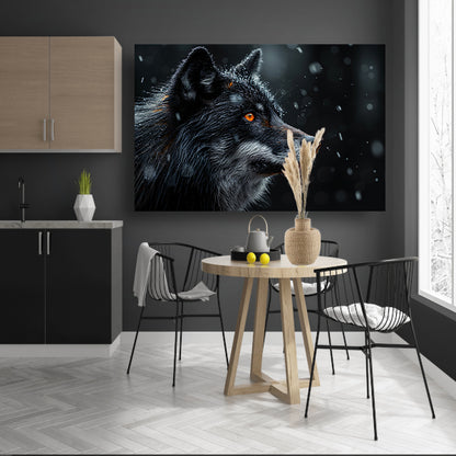 Intense wolvenblik in de sneeuw canvas met baklijst