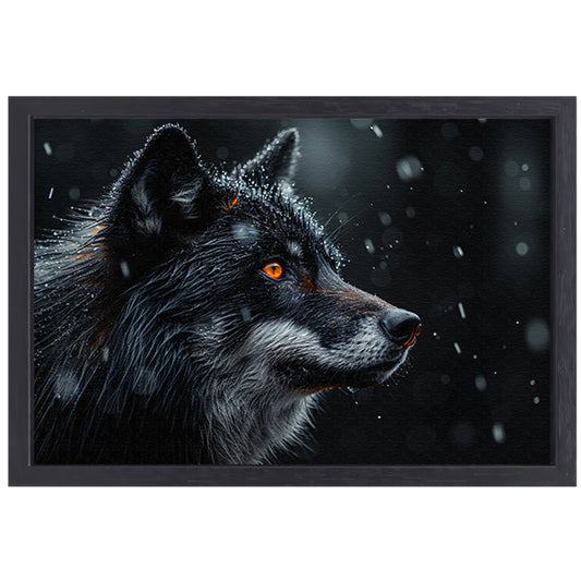 Intense wolvenblik in de sneeuw canvas met baklijst