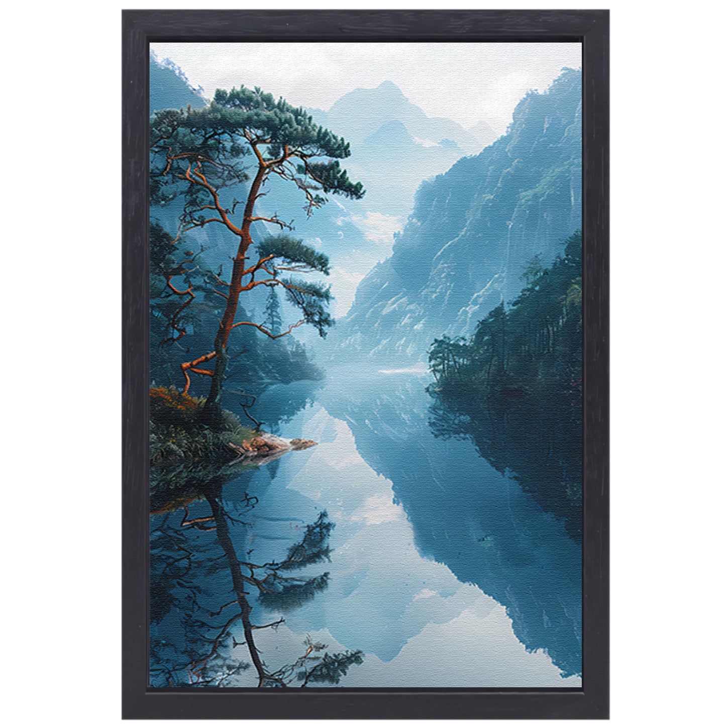 Eenzame boom in mistig bergmeer canvas met baklijst