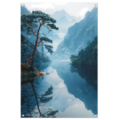 Eenzame boom in mistig bergmeer tuinposter