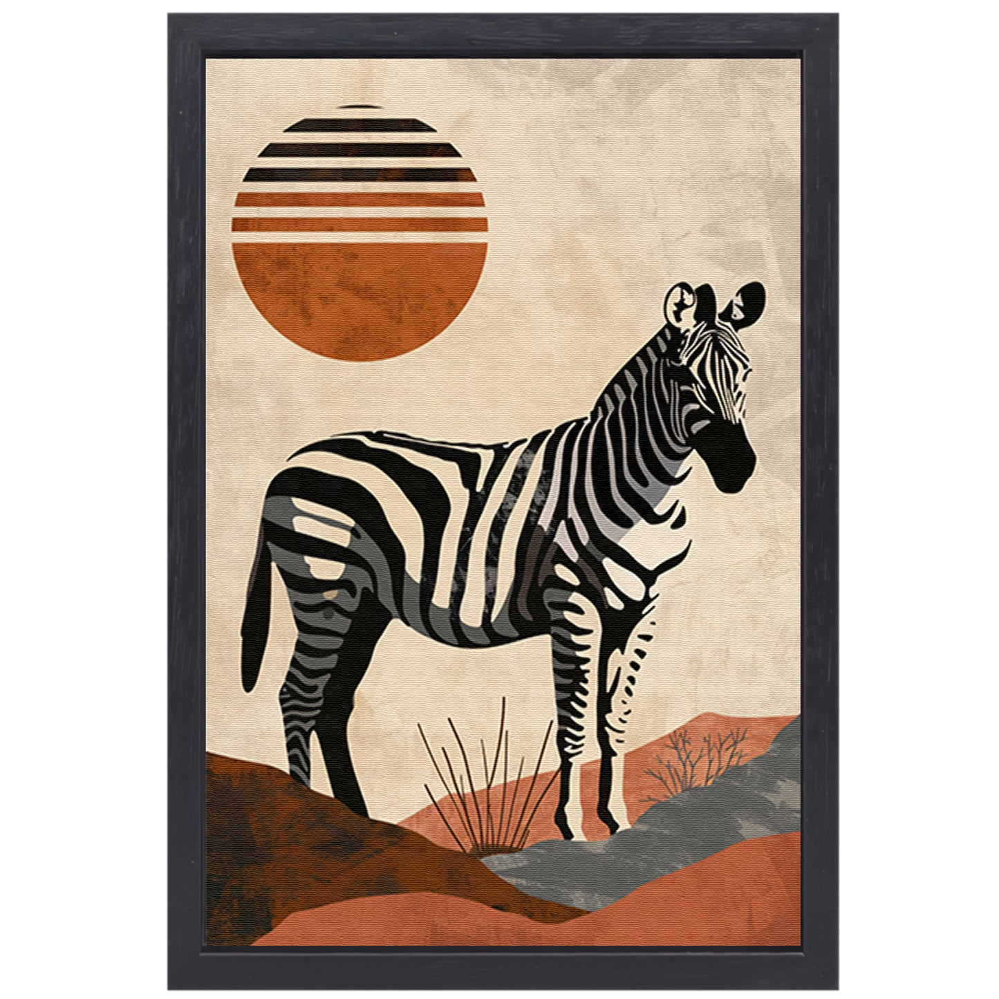 Zebra in de schaduw van een oranje zon canvas met baklijst