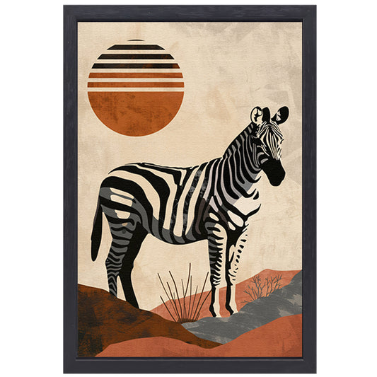 Zebra in de schaduw van een oranje zon canvas met baklijst