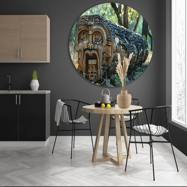 Houten gelaat in bos aluminium muurcirkel