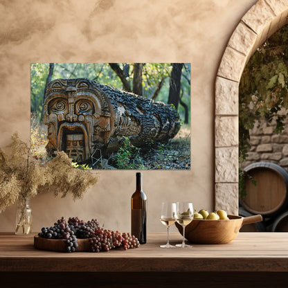 Houten gelaat in bos tuinposter