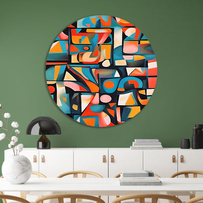Kleurrijke abstracte kubistische patronen aluminium muurcirkel