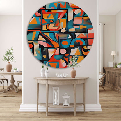 Kleurrijke abstracte kubistische patronen aluminium muurcirkel