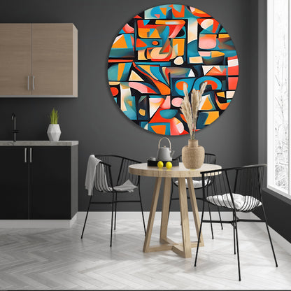 Kleurrijke abstracte kubistische patronen aluminium muurcirkel