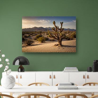 Woestijnlandschap bij zonsondergang met bergen poster