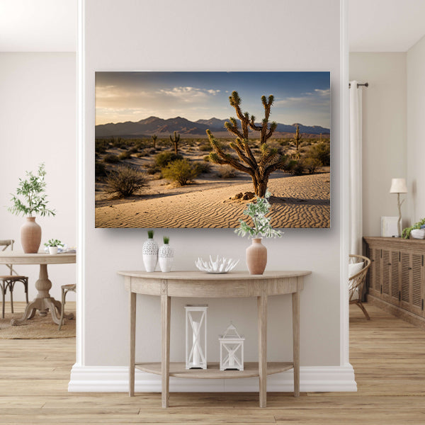 Woestijnlandschap bij zonsondergang met bergen poster