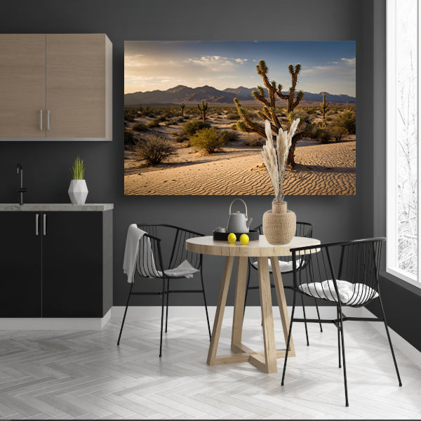 Woestijnlandschap bij zonsondergang met bergen canvas
