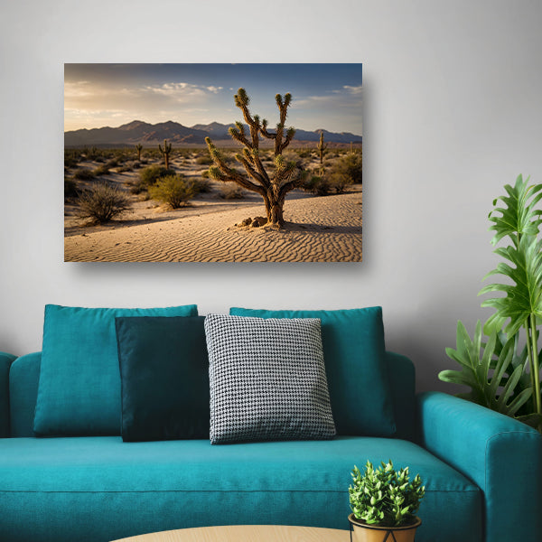 Woestijnlandschap bij zonsondergang met bergen canvas