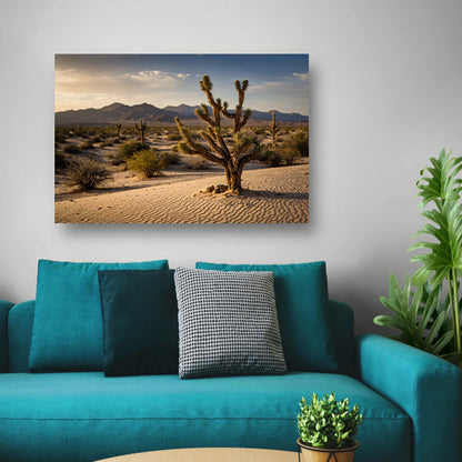 Woestijnlandschap bij zonsondergang met bergen poster