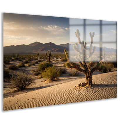 Woestijnlandschap bij zonsondergang met bergen acrylglas