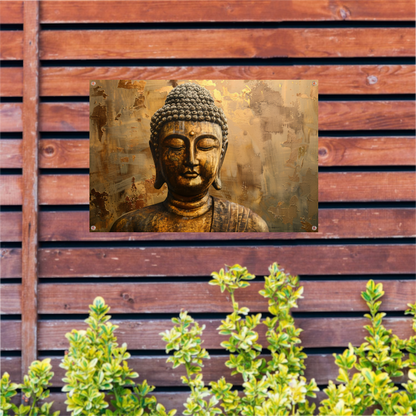 Boeddha in gouden gloed met rustieke achtergrond tuinposter