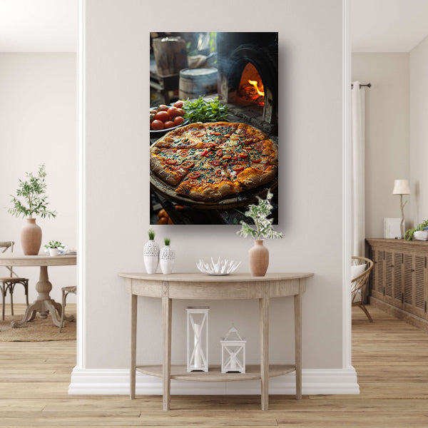 Verse pizza uit de houtoven met tomaten poster