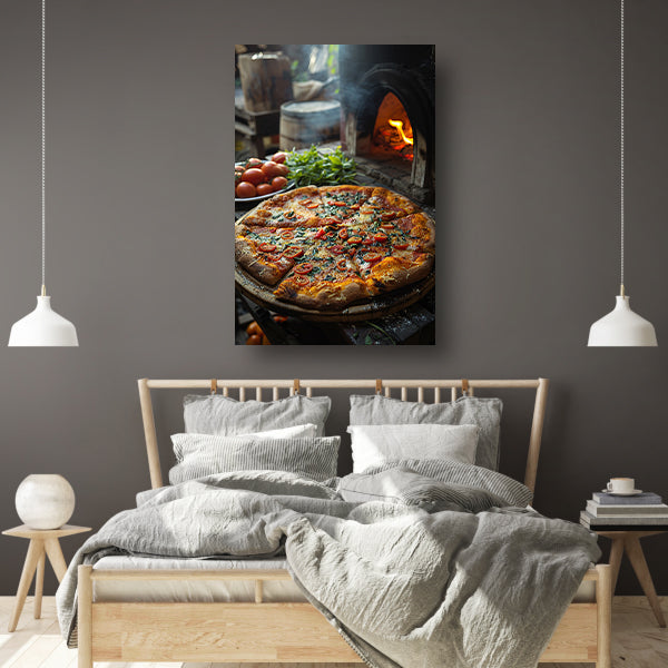 Verse pizza uit de houtoven met tomaten canvas