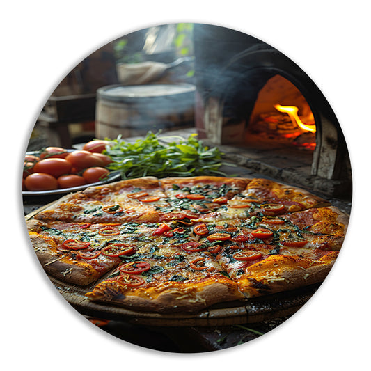 Verse pizza uit de houtoven met tomaten aluminium muurcirkel