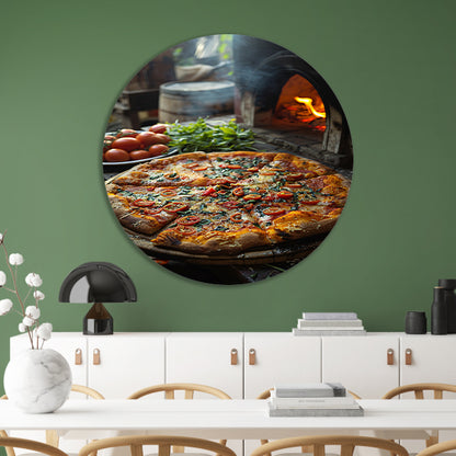 Verse pizza uit de houtoven met tomaten aluminium muurcirkel