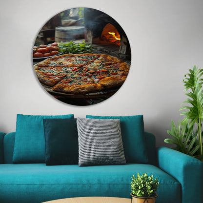 Verse pizza uit de houtoven met tomaten aluminium muurcirkel