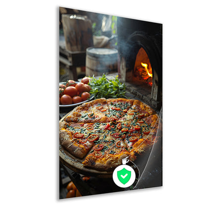 Verse pizza uit de houtoven met tomaten poster