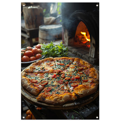 Verse pizza uit de houtoven met tomaten tuinposter