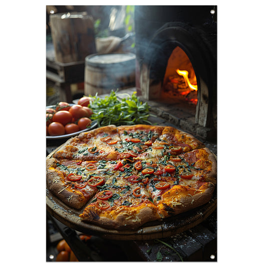 Verse pizza uit de houtoven met tomaten tuinposter