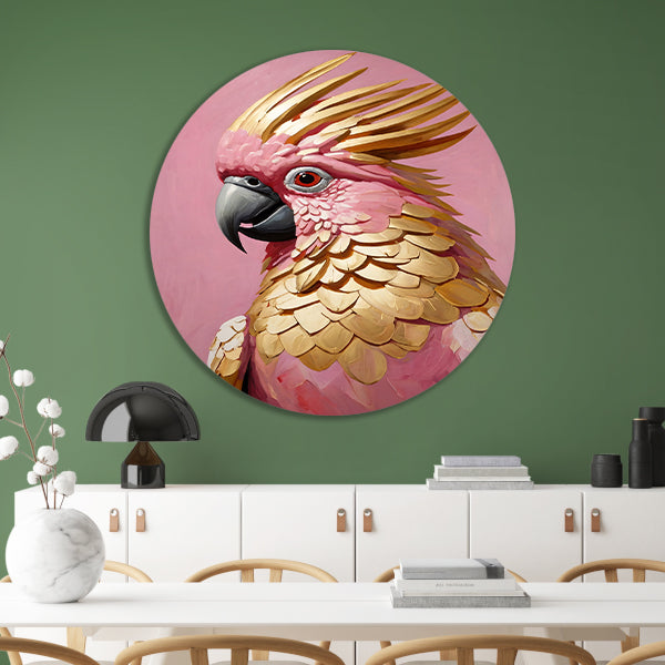 Roze en gouden papegaai op art nouveau aluminium muurcirkel