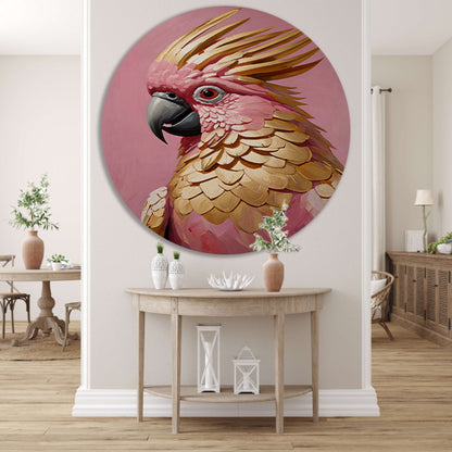 Roze en gouden papegaai op art nouveau aluminium muurcirkel