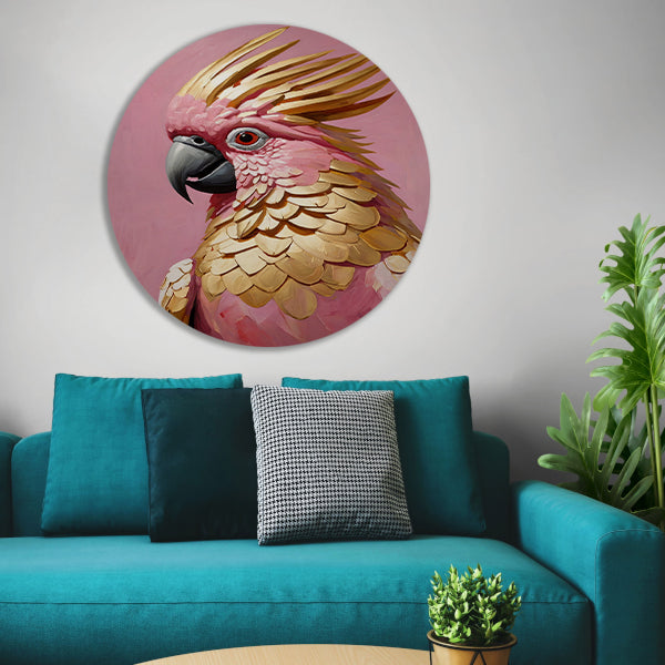 Roze en gouden papegaai op art nouveau aluminium muurcirkel