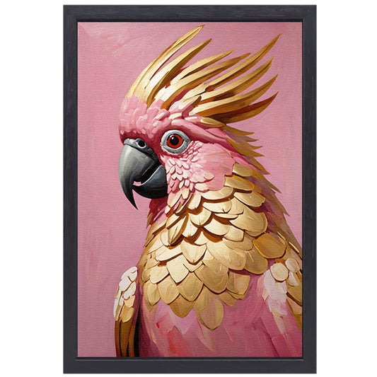 Roze en gouden papegaai op art nouveau canvas met baklijst
