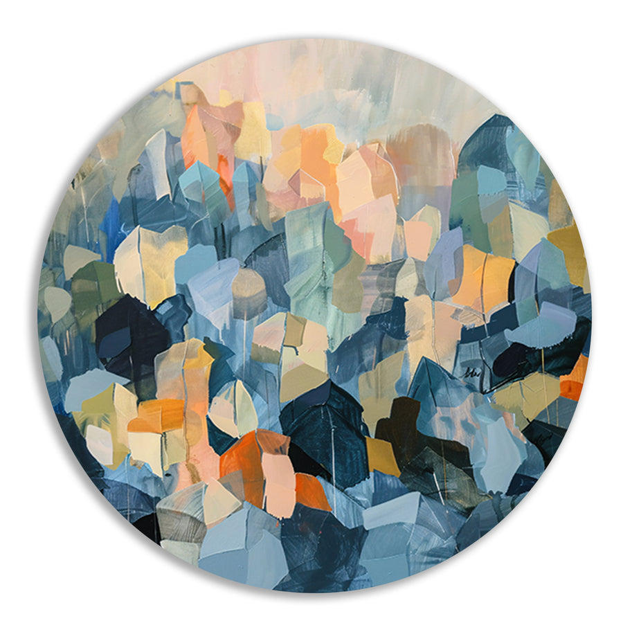 Abstract schilderij van bergachtige vormen aluminium muurcirkel