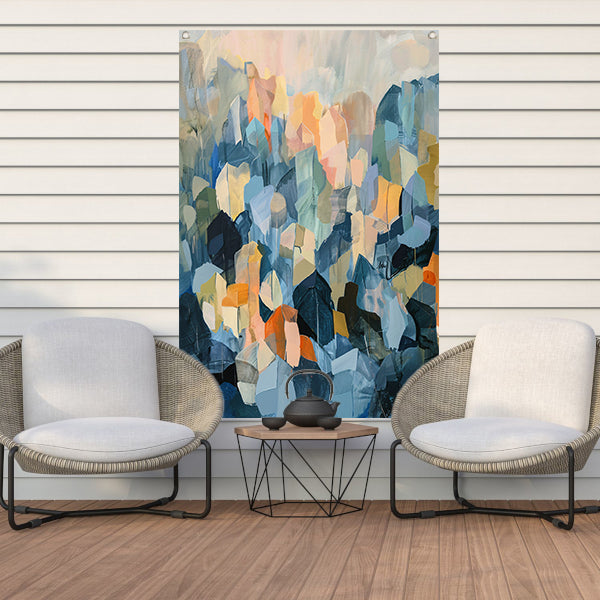 Abstract schilderij van bergachtige vormen tuinposter