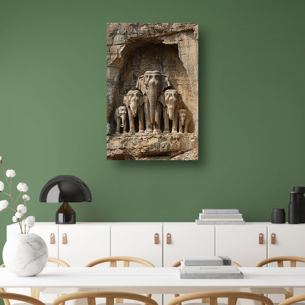 Groep olifanten in artistieke rotsholte canvas met baklijst