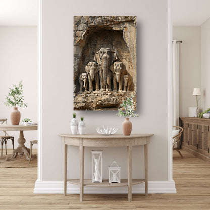 Groep olifanten in artistieke rotsholte canvas met baklijst