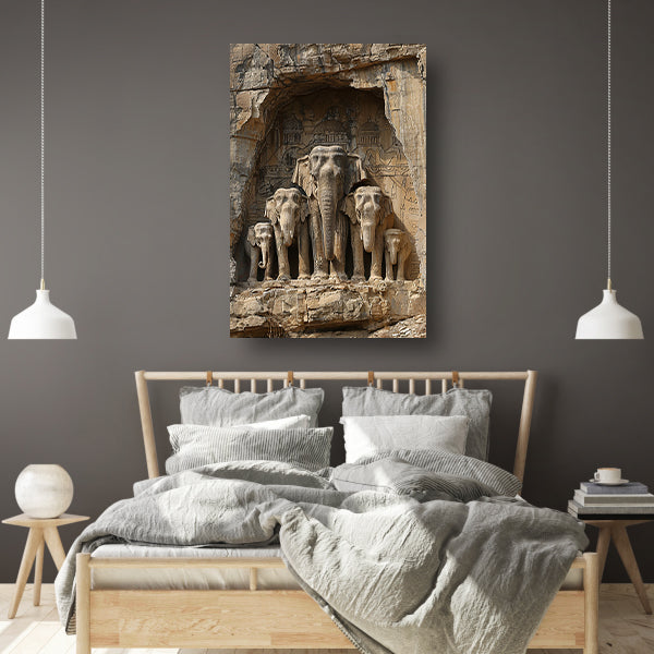 Groep olifanten in artistieke rotsholte canvas met baklijst