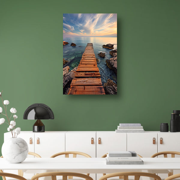 Rustige ochtend op een houten steiger bij de zee poster